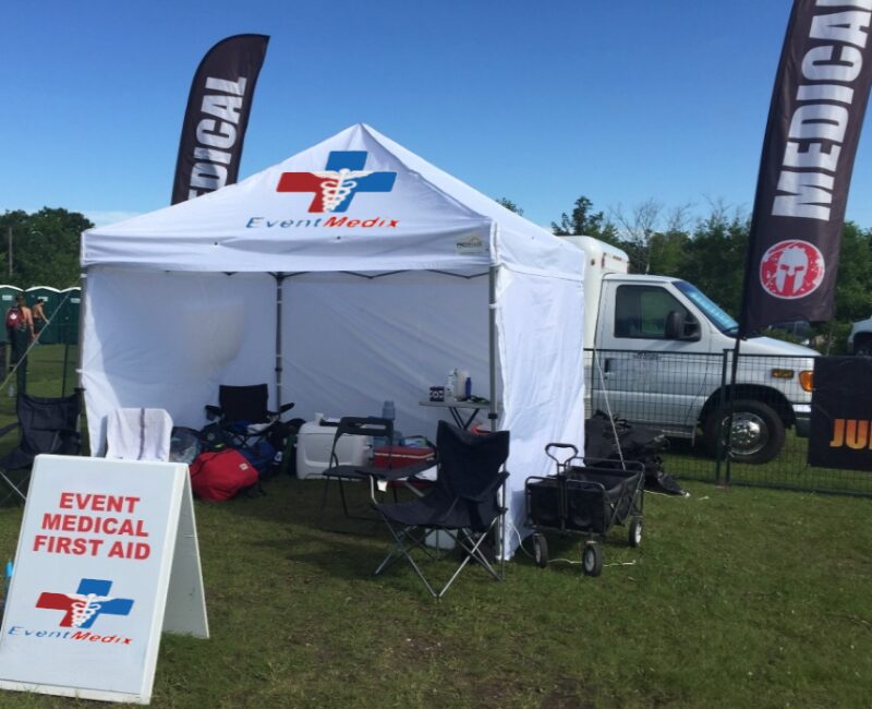 EventMedix branded medical tent set up at an outdoor event